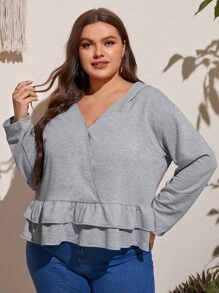 加大码交叉领前襟层叠荷叶边下摆卫衣 - 灰色 - 查看 1