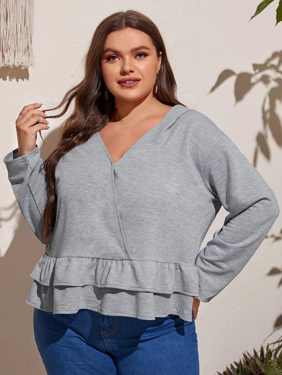 加大码交叉领前襟层叠荷叶边下摆卫衣 - 灰色 - 查看 1