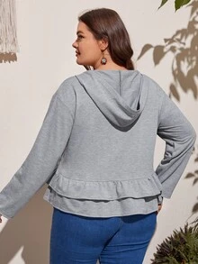 加大码交叉领前襟层叠荷叶边下摆卫衣 - 灰色 - 查看 2