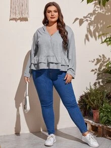 加大码交叉领前襟层叠荷叶边下摆卫衣 - 灰色 - 查看 4