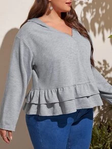 加大码交叉领前襟层叠荷叶边下摆卫衣 - 灰色 - 查看 5