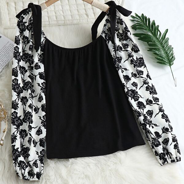 

Plus Floral Print Tie Shoulder Contrast Sleeve Top, Black and white