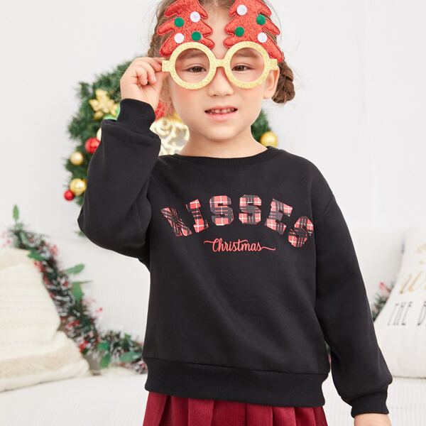 

Toddler Girls Plaid & Christmas Letter Graphic Drop Shoulder Pullover, Black