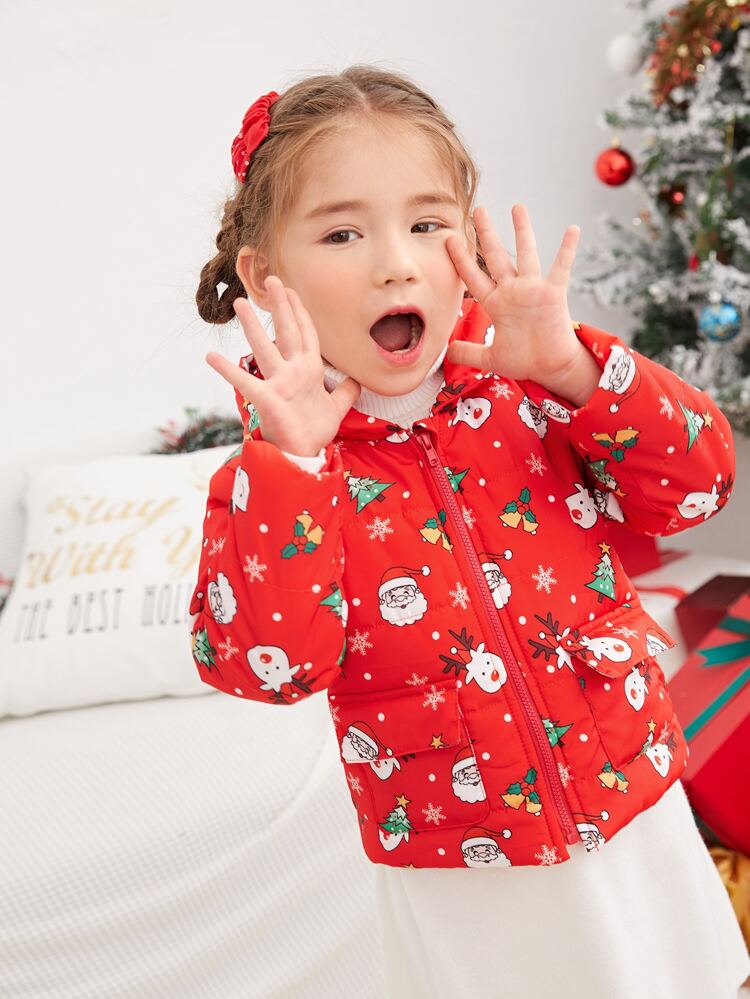 Young Girl Christmas Tree & Elk Print Hooded Padded Coat