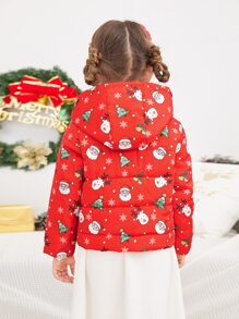 SHEIN 年轻女孩圣诞树 & 麋鹿印花连帽棉服外套 - 紅色 - 查看 2