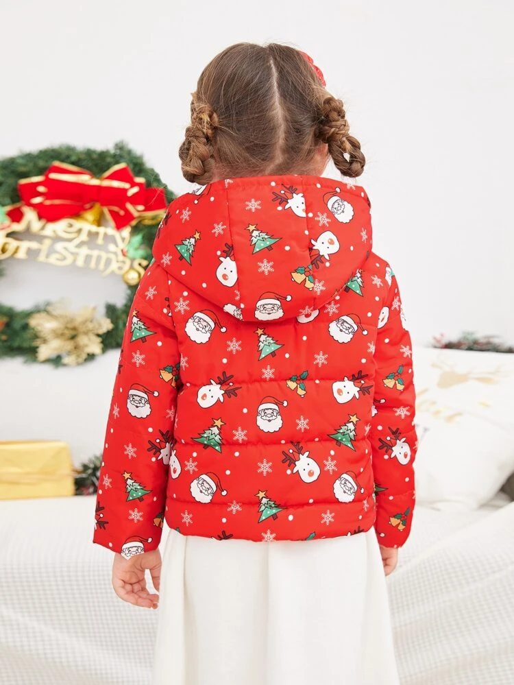 Young Girl Christmas Tree & Elk Print Hooded Padded Coat