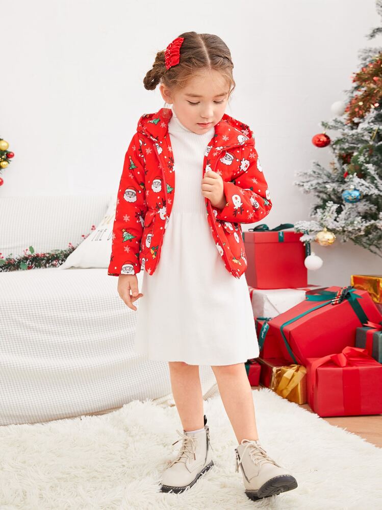 SHEIN Young Girl Christmas Tree & Elk Print Hooded Padded Coat - Red - View 3