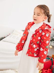 SHEIN 年轻女孩圣诞树 & 麋鹿印花连帽棉服外套 - 紅色 - 查看 4