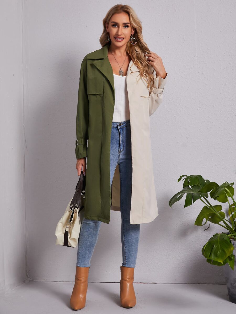 EMERY ROSE 雙色落肩袖搭扣腰帶風衣外套 - 彩色 - 查看 1