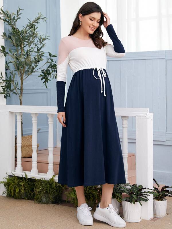 SHEIN Maternity Drawstring Waist Colorblock Dress SHEIN USA