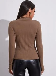 SHEIN EZwear Summer Outfits Lettuce Trim Rib-Knit Tee - Mocha Brown - View 2