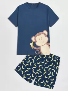 SHEIN Men Monkey Print Top & Banana Shorts PJ Set - Blue - View 1