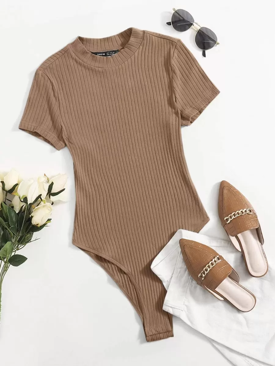 SHEIN EZwear Body unicolor tejido de canalé - Marrón Mocha - Ver 1