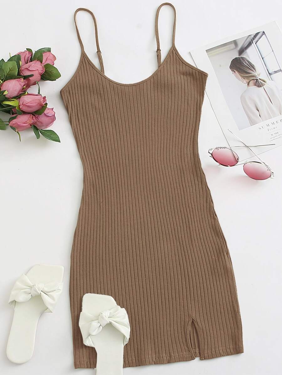 SHEIN EZwear Split Hem Rib-knit Bodycon Dress - Camel - View 1