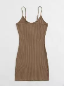 SHEIN EZwear Split Hem Rib-knit Bodycon Dress - Camel - View 2