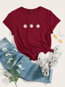 SHEIN EZwear Áo thun Nghề thêu Hoa Giải trí - Màu Đỏ Sâu - Xem 1