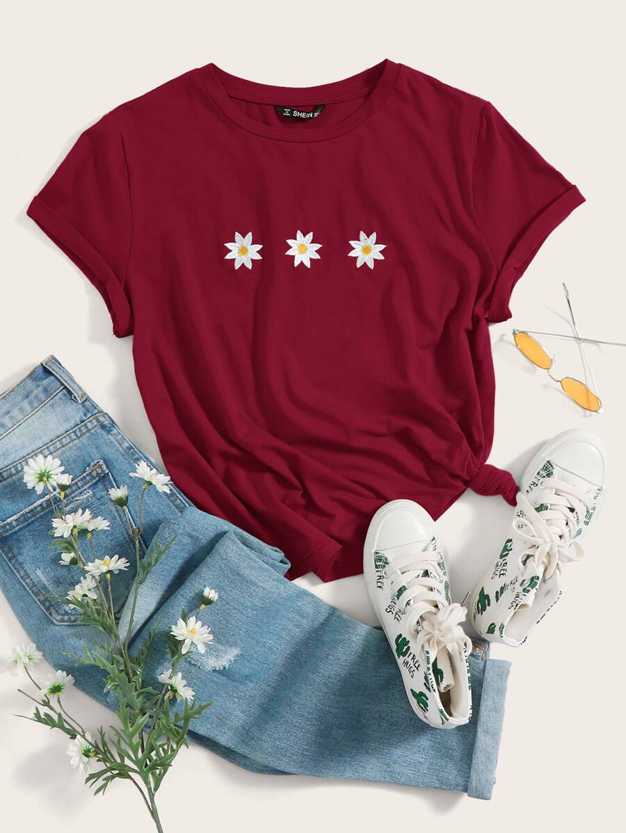 SHEIN EZwear Áo thun Nghề thêu Hoa Giải trí - Màu Đỏ Sâu - Xem 1