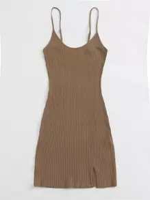 SHEIN EZwear Split Hem Rib-knit Bodycon Dress - Camel - View 3
