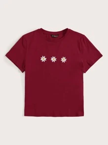 SHEIN EZwear Áo thun Nghề thêu Hoa Giải trí - Màu Đỏ Sâu - Xem 3