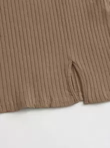 SHEIN EZwear Split Hem Rib-knit Bodycon Dress - Camel - View 5