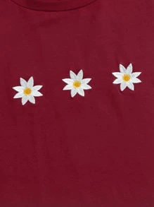 SHEIN EZwear Áo thun Nghề thêu Hoa Giải trí - Màu Đỏ Sâu - Xem 5