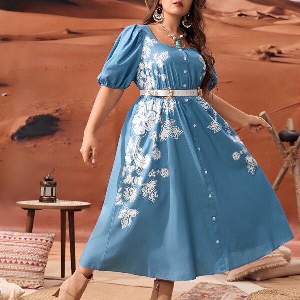 

Plus Floral Print Puff Sleeve Dress Without Belt, Blue