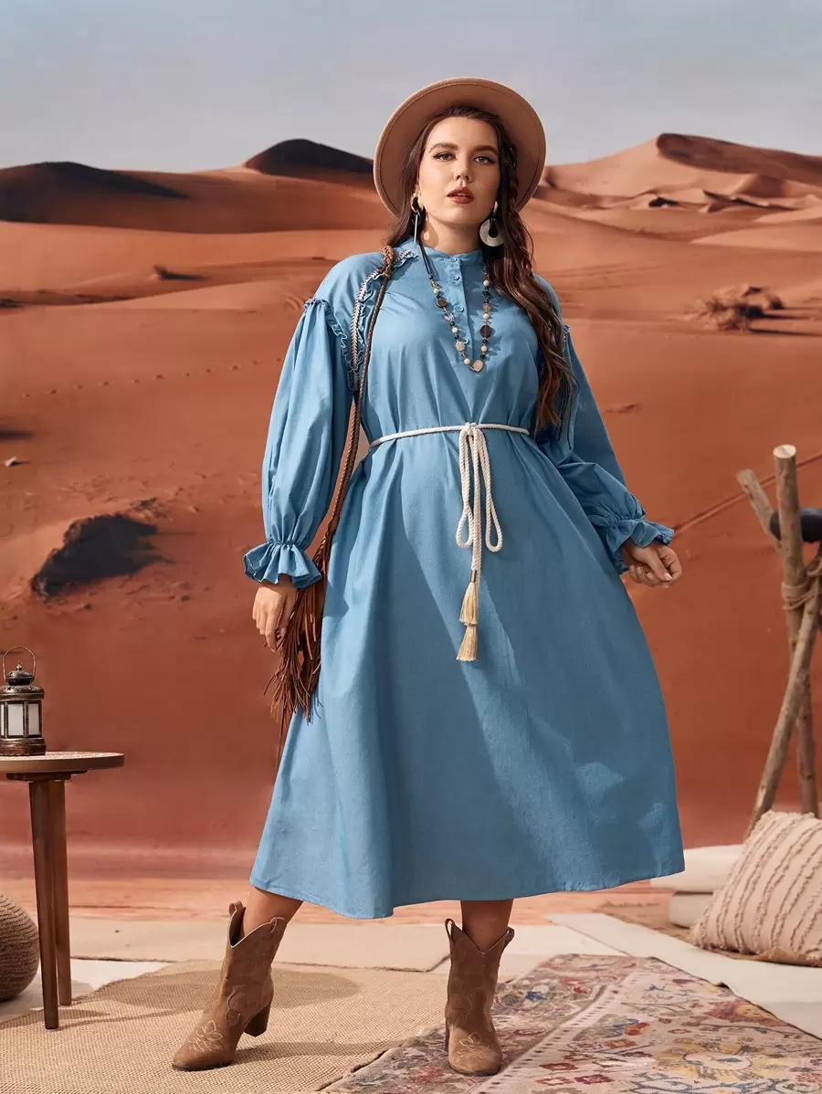 Mulvari Kleid mit Gürtel, Rüschenbesatz, Volant Ärmeln