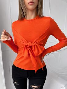Ruched Knot Detail Fitted Tee - Orange - View 1