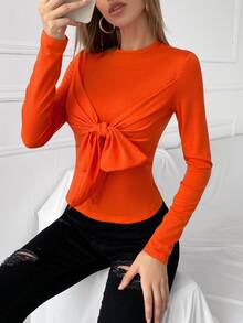 Ruched Knot Detail Fitted Tee - Orange - View 3