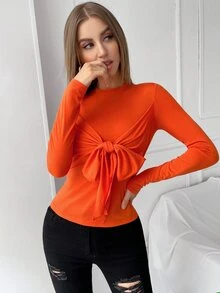 Ruched Knot Detail Fitted Tee - Orange - View 4
