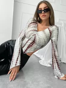 SHEIN ICON V-neck Striped Print Asymmetrical Hem Tee - Multicolor - View 1