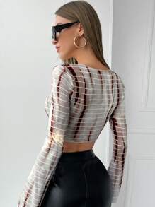 SHEIN ICON V-neck Striped Print Asymmetrical Hem Tee - Multicolor - View 2