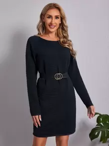 SHEIN Ladies áo len váy màu trơn Giải trí - Màu xanh hải quân - Xem 1