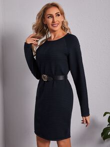 SHEIN Ladies áo len váy màu trơn Giải trí - Màu xanh hải quân - Xem 4