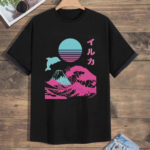 

Men Japanese Letter & Wave Print Tee, Black