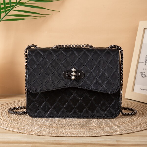 

Faux Pearl Decor Quilted Pattern Flap Square Bag, Black