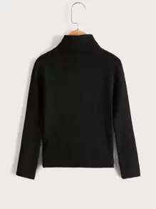SHEIN Niñas Jersey de cuello cisne tejido de canalé - Negro - Ver 2