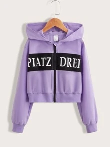 SHEIN Girls Zip Up Letter Graphic Two Tone Hooded Jacket - Lilac Purple - View 1
