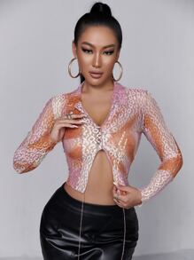 SHEIN SXY V領豹紋蕾絲短款上衣 - 彩色 - 查看 1