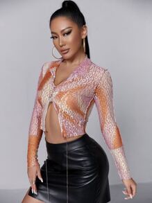 SHEIN SXY V領豹紋蕾絲短款上衣 - 彩色 - 查看 4