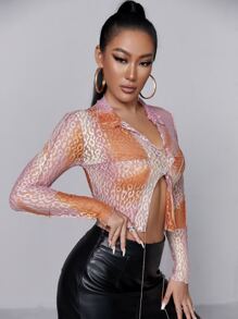 SHEIN SXY V領豹紋蕾絲短款上衣 - 彩色 - 查看 5