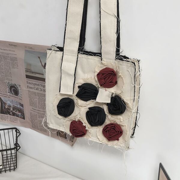 

Colorblock Frayed Flower Decor Tote Bag, Beige