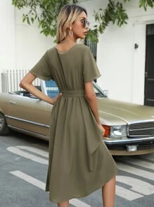 Flutter Sleeve Belted Dress - Army Green - View 2