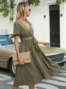 Flutter Sleeve Belted Dress - Army Green - View 3
