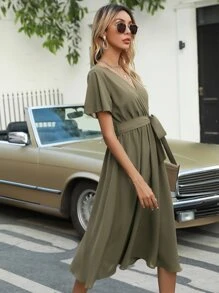 Flutter Sleeve Belted Dress - Army Green - View 4