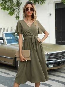 Flutter Sleeve Belted Dress - Army Green - View 5