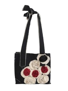 Colorblock Frayed Flower Decor Tote Bag - Black - View 1