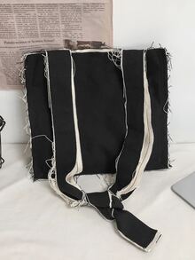 Colorblock Frayed Flower Decor Tote Bag - Black - View 3