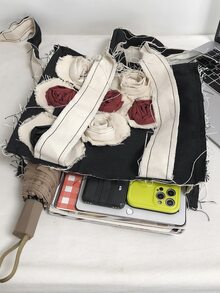 Colorblock Frayed Flower Decor Tote Bag - Black - View 4