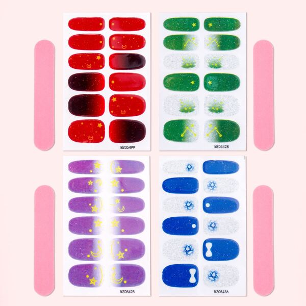 

4sheets Star & Moon Print Nail Art Sticker & 4pcs Nail File, Multicolor